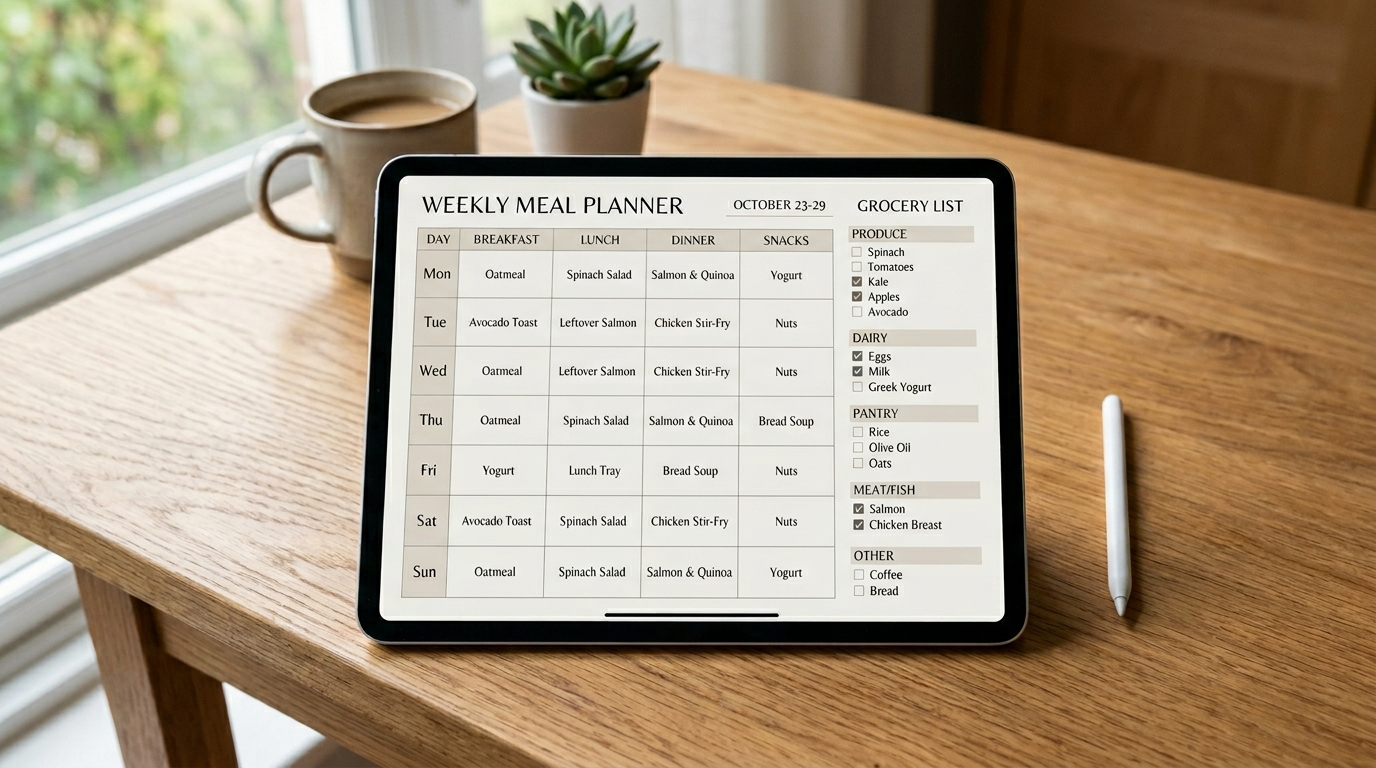 Digitální týdenní jídelníček a nákupní seznam na tabletu